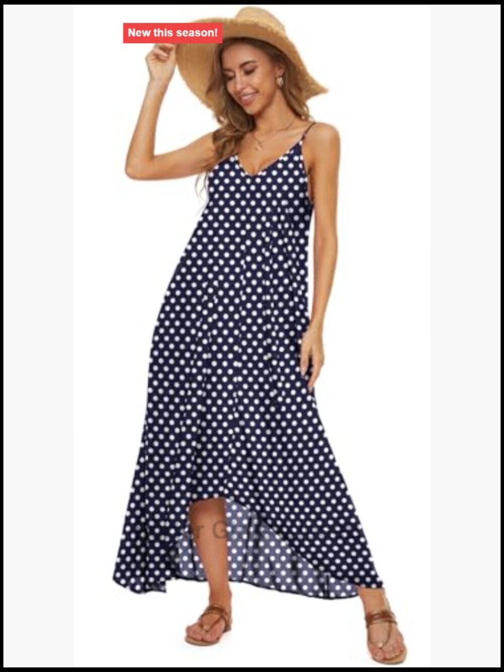 V-Neck Polka Dot Print Spaghetti Strap Boho Long Maxi Dress - Picture 3 of 7